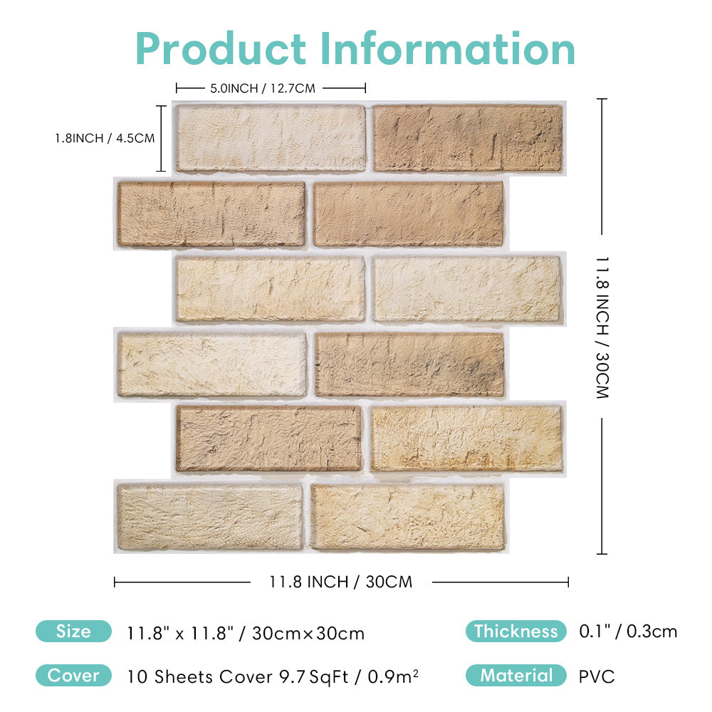 3D Tan Brick Peel and Stick Wall Tile