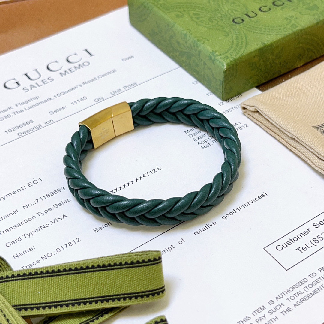 Gucci Green Leather Braided Bracelet