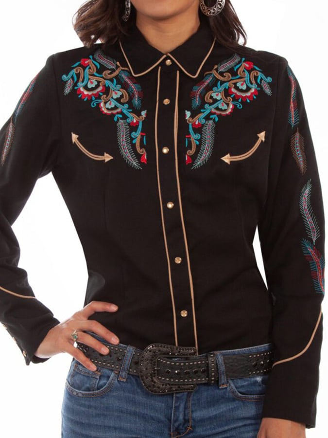 Women's Vintage Western Art Print Casual Linen Shirt