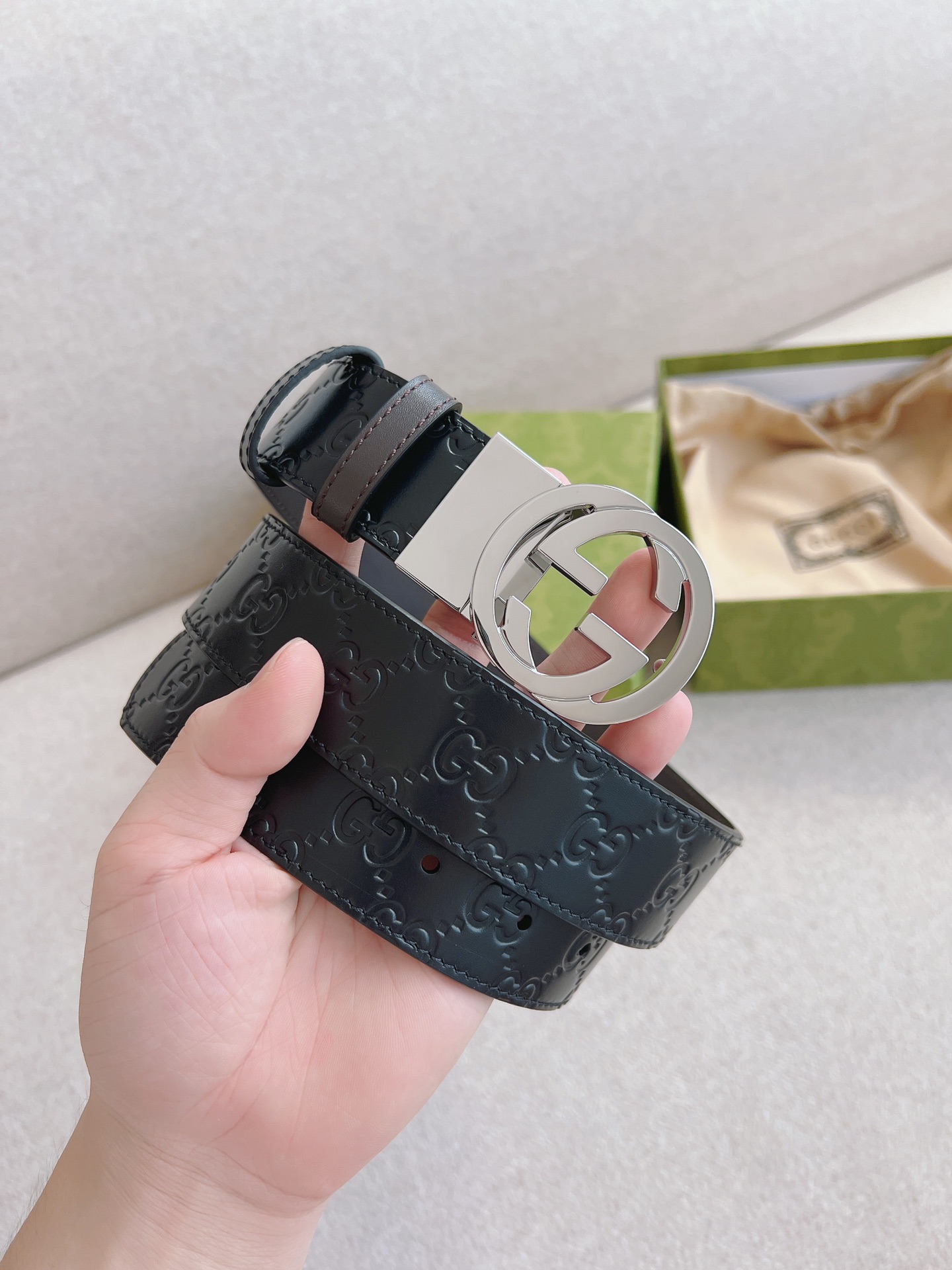 Gucci Signature printed cowhide double-sided belt 3.70CM wide