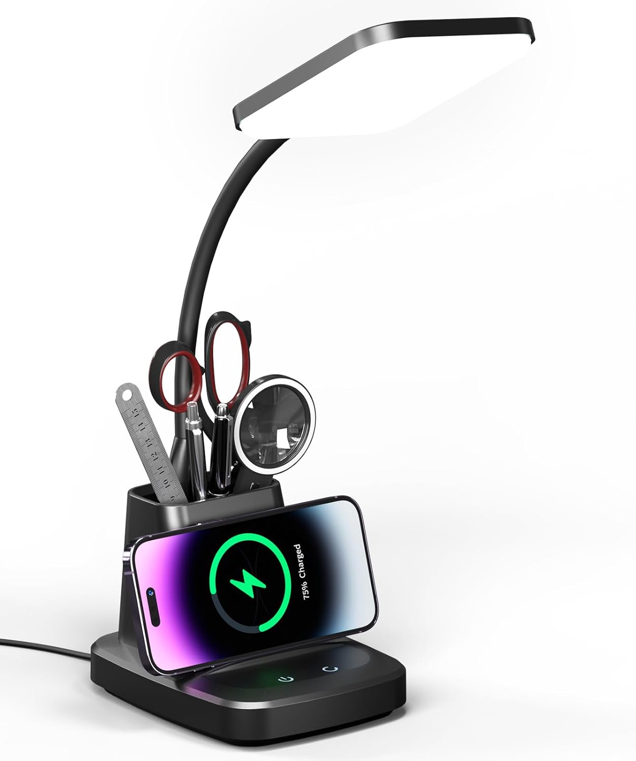 Desk Lamp with Wireless Charger, LED Desk Lamps for Home Office, 800 Lumens, Small Desk Lamp with Pen Holder, Flexible Arm, 3 Modes, Dimming, Touch Lamp for College Dorm Room