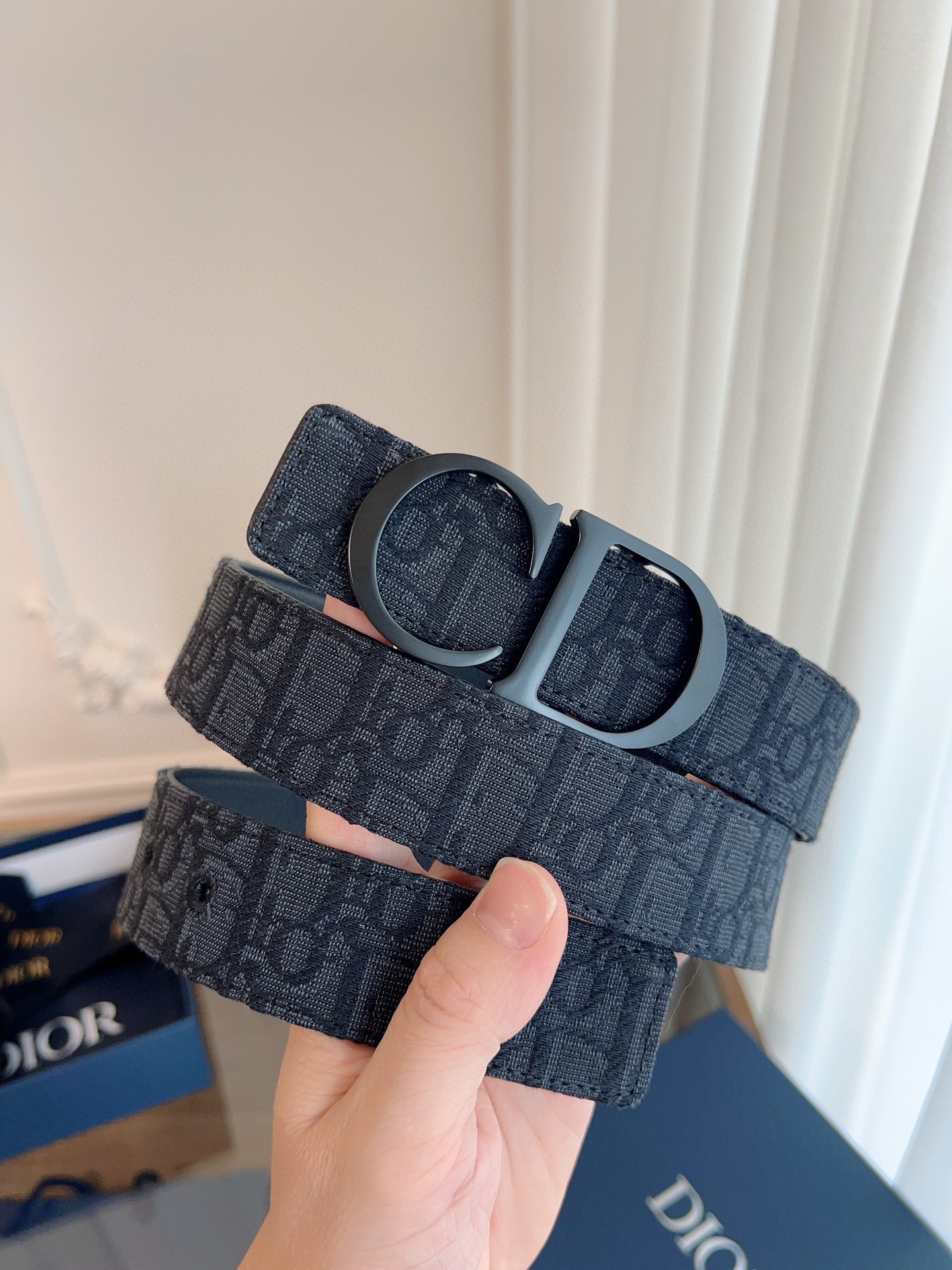 Dior Oblique black cloth and black cowhide belt width 3.5cm