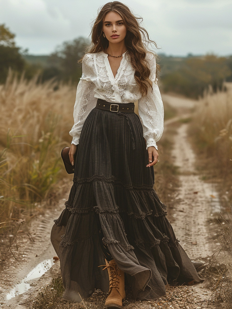 Retro V-neck Lace Linen Women's  Pastoral Style Linen Skirts