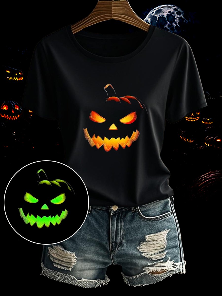 🔥Buy 3 Get 10% Off🔥Women's Halloween Evil Pumpkin Luminous Material Printed Casual T-shirt