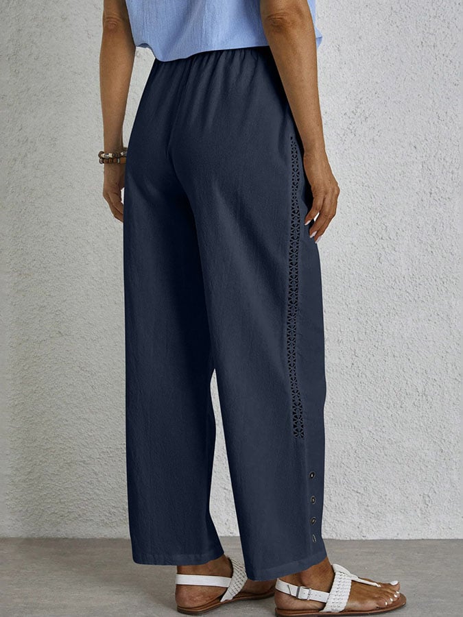 Casual Elegant Lace-Up With Pockets Buttons Lace Side Cotton Linen Trousers