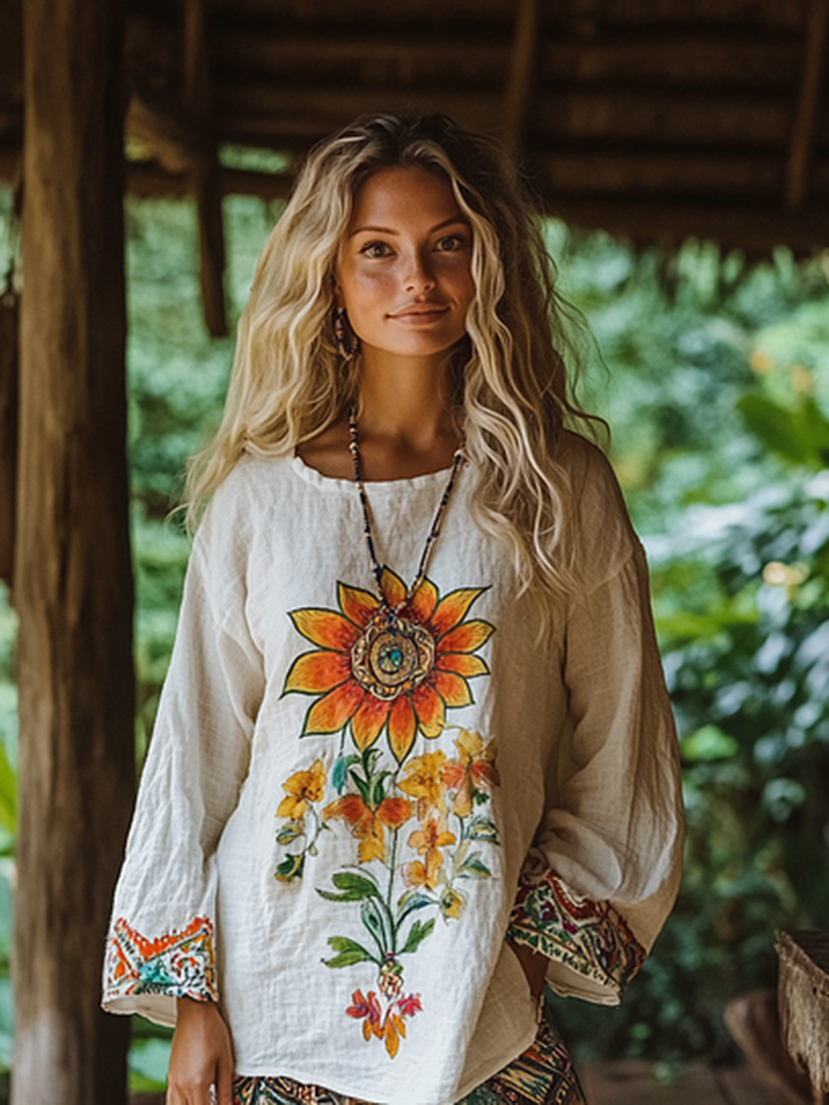 Retro Bohemian Resort Linen Art Embroidery Print Cotton And Linen Blend Loose Blouse