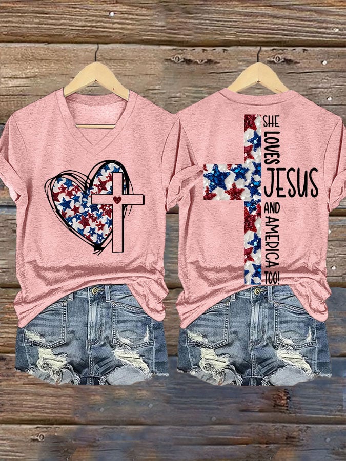 Women's She Jesus And Love America Too!  Print V-Neck T-Shirt