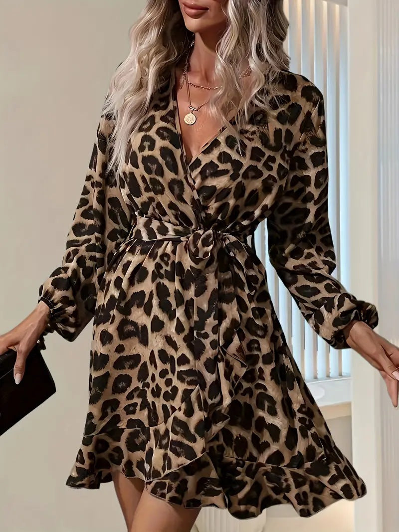 European and American Leopard Print V-Neck High-Waisted Lace-Up Irregular Dress for Women