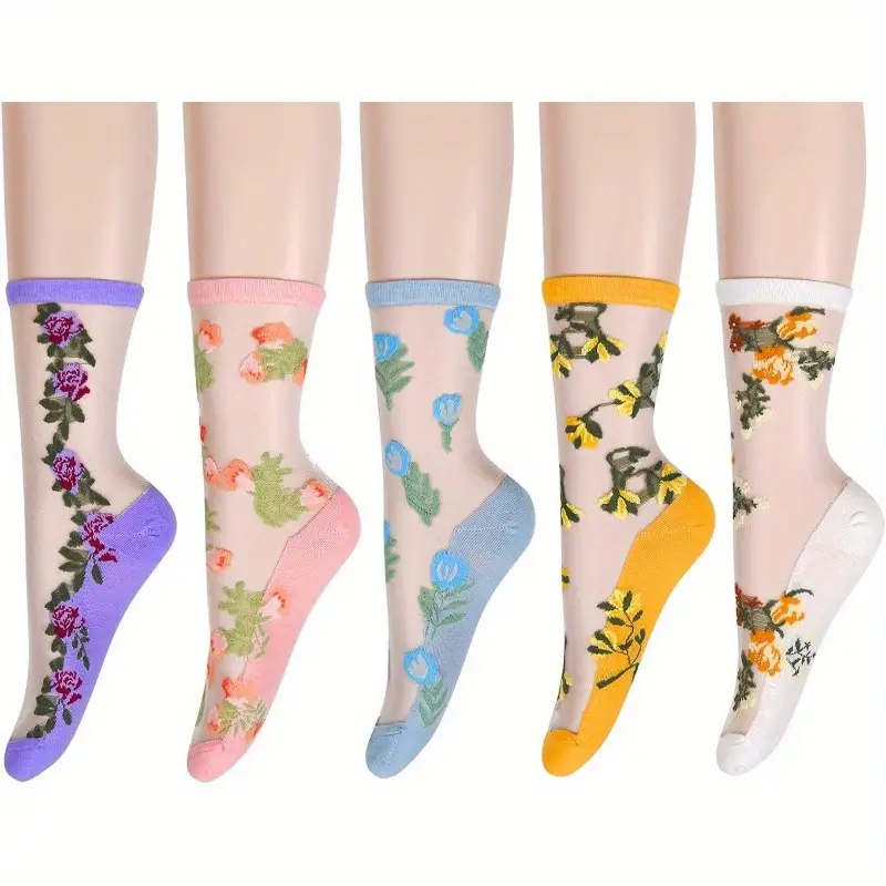 ( Last Day Promotions-50% OFF) 5pairs/Set Floral Embroidery Lace Ankle Socks--Size Fit ALL Ldies and Girls