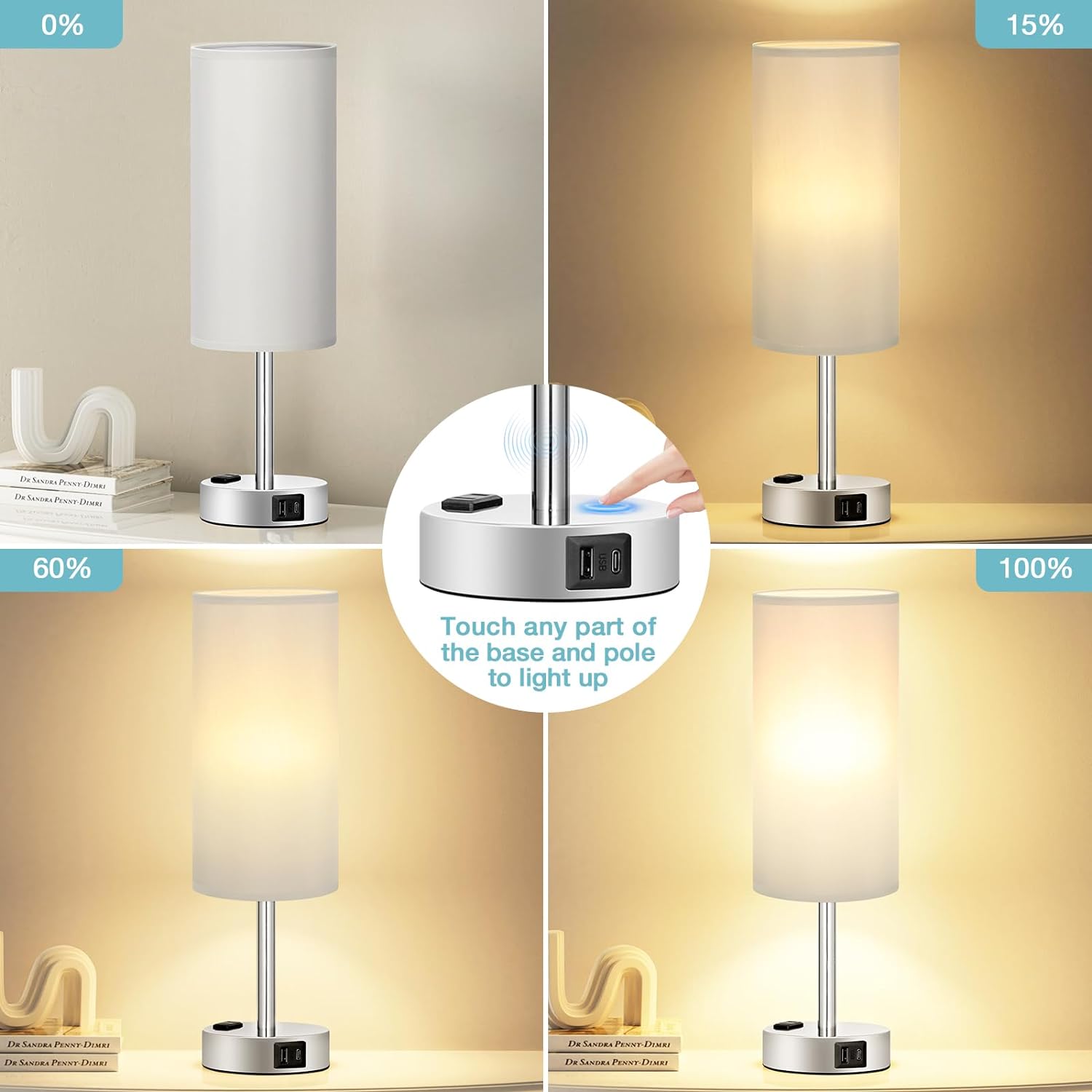 Bedside Table Lamp for Bedroom - 3 Way Dimmable Touch Lamp USB C Charging Ports and AC Outlet, Small Lamp Wood Base Round Flaxen Fabric Shade for Living Room, Desk, LED Bulb Included