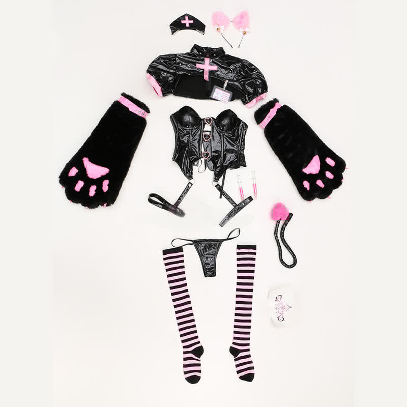 Cosplay Nurse Cat Paw Hollow Out PU Lingerie Set