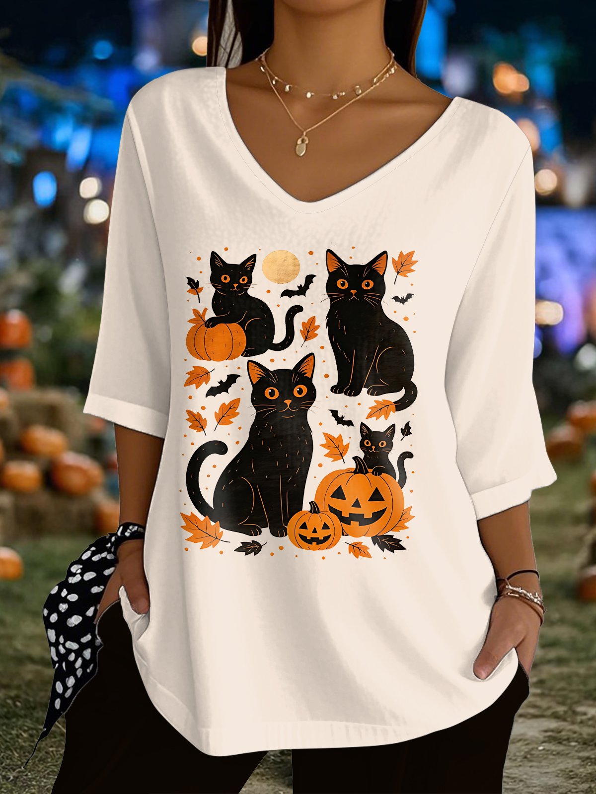 🔥Buy 3 Get 10% Off🔥Women's Halloween Black Cat And Pumpkin Print Top