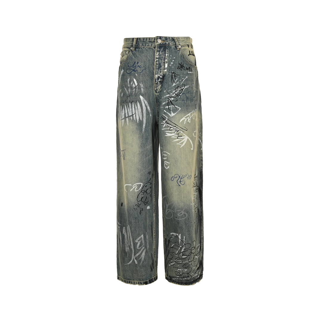 Balenciaga Hand-painted Graffiti Washed Loose Wide-leg Jeans