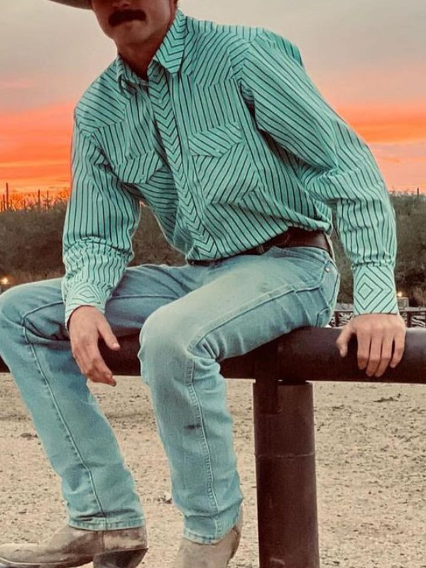 Men's Casual Vintage Blue Striped Long Sleeve Shirt