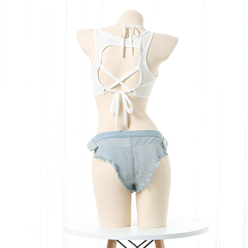 Lace Up Tank Top Denim Shorts Lingerie Set