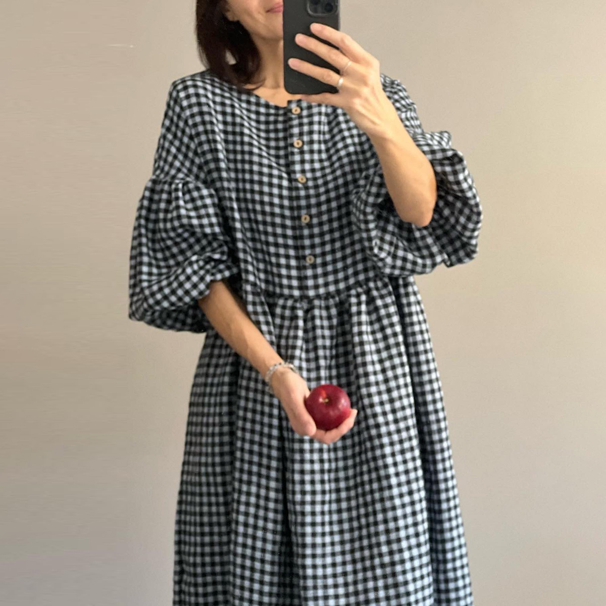 Check Button Round Neck Balloon Sleeve Midi Dress