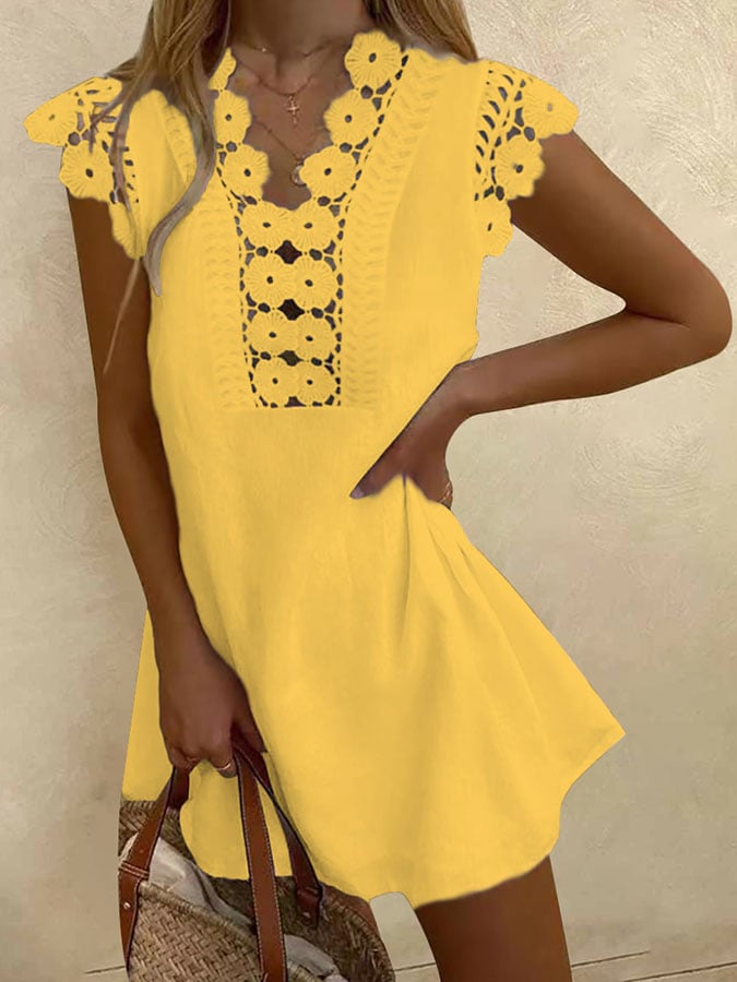 Solid Color Lace V-Neck Short Sleeve Casual Dress