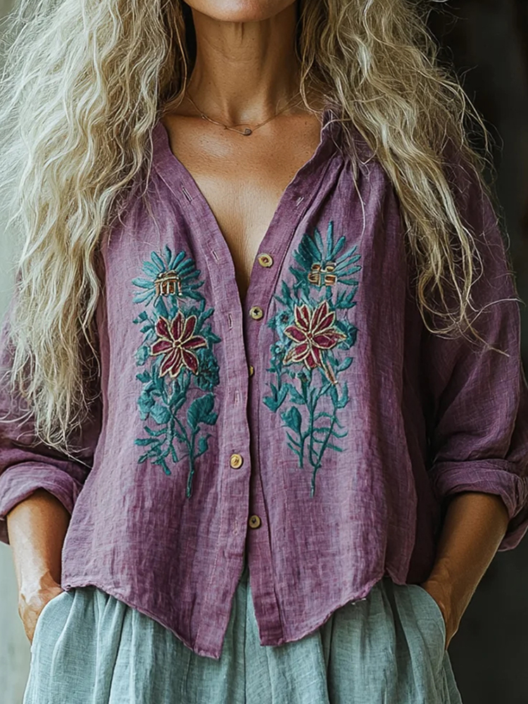 Bohemian Style Linen Floral Art Print Long Sleeve Loose  Shirt