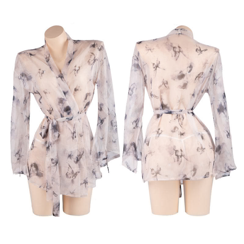 Sexy Butterfly Print See-through Kimono Lingerie Set
