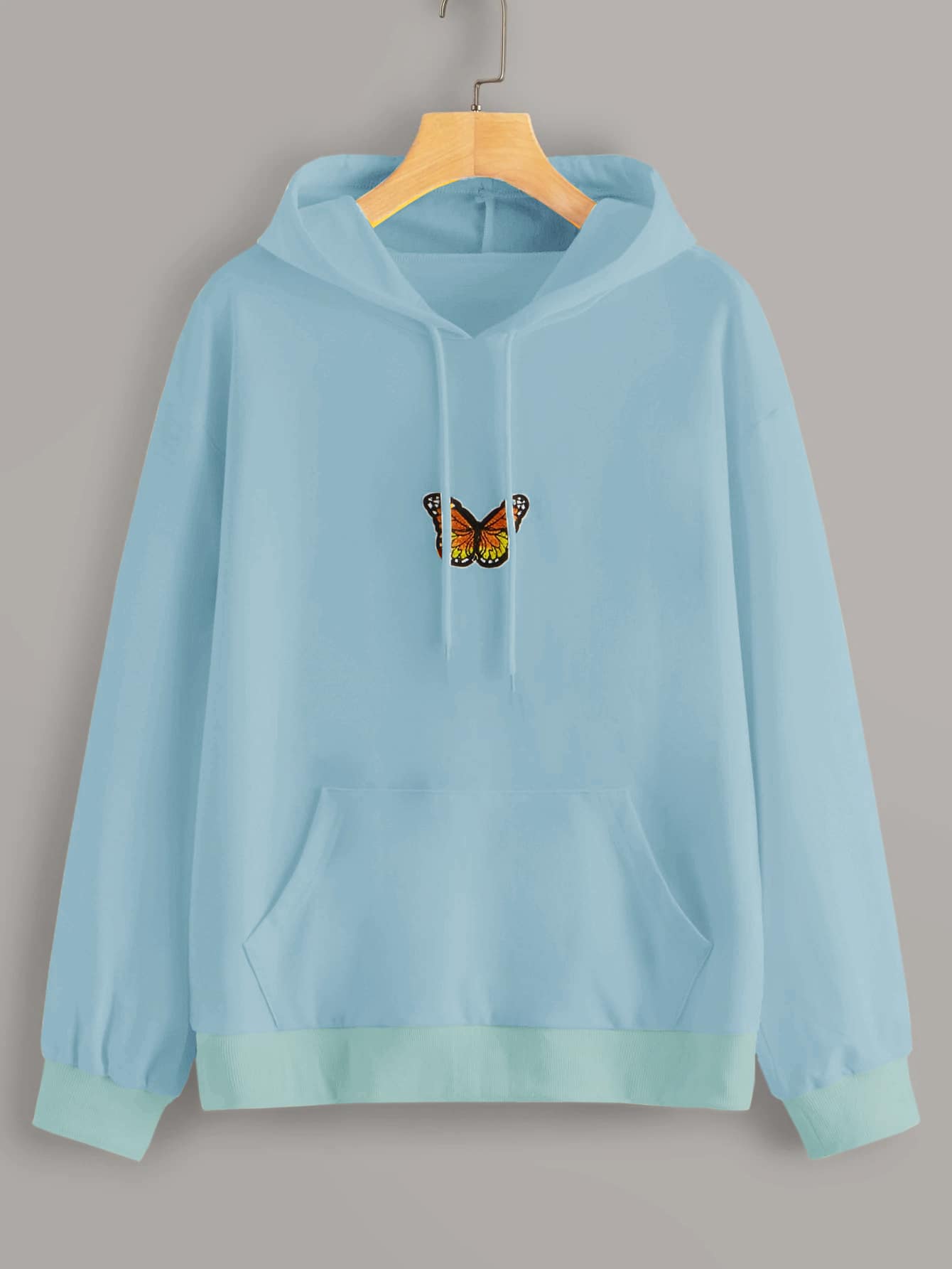 Butterfly Embroidered Kangaroo Pocket Drawstring Hoodie