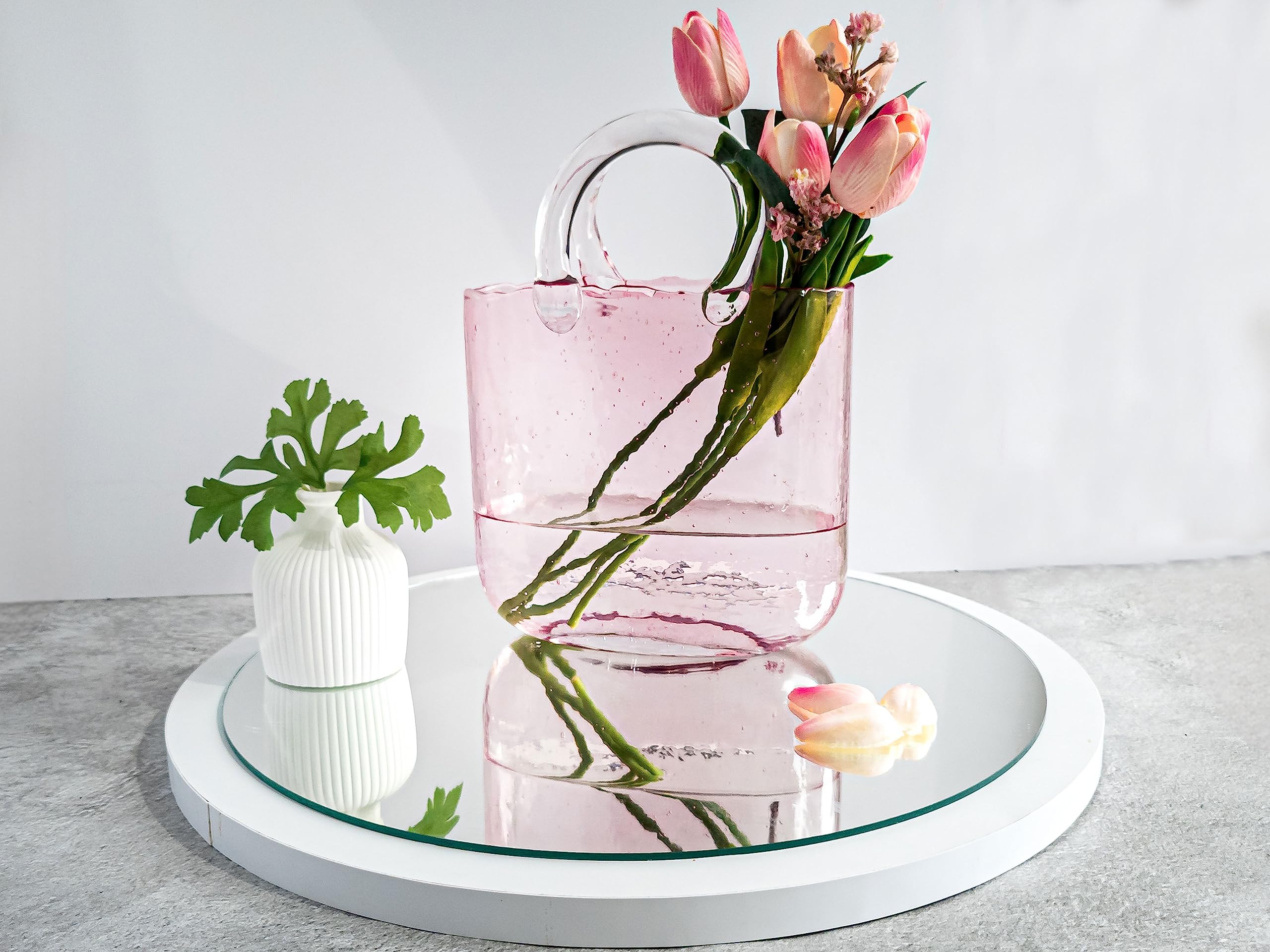 (Handmade) Pink Glass Bag vase -10 Inches- Clear