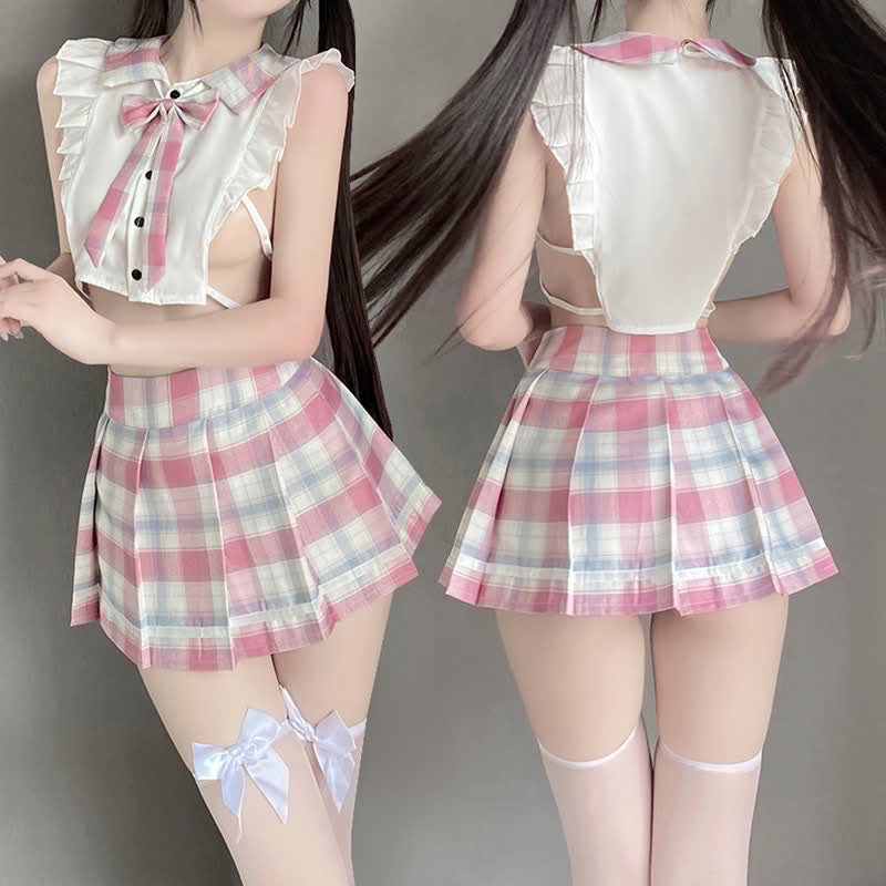 Plaid JK Uniform Hollow Out Sexy Lingerie Stockings Set