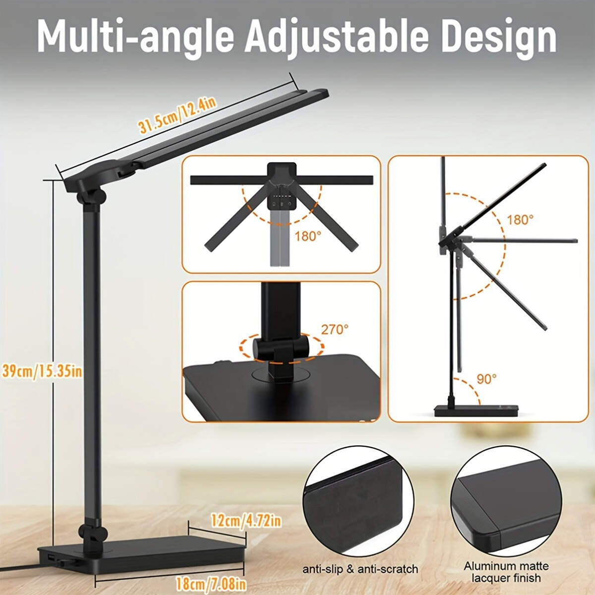 Dimmable Double-Head LED Desk Lamp, Adjustable Swing-Arm Table Lamp, Eye-Care Technology, 5 Color Modes, 5 Brightness Levels, Touch Control, with 45min Auto Timer, USB Powered, for Home Office, Bedroom, Study Room