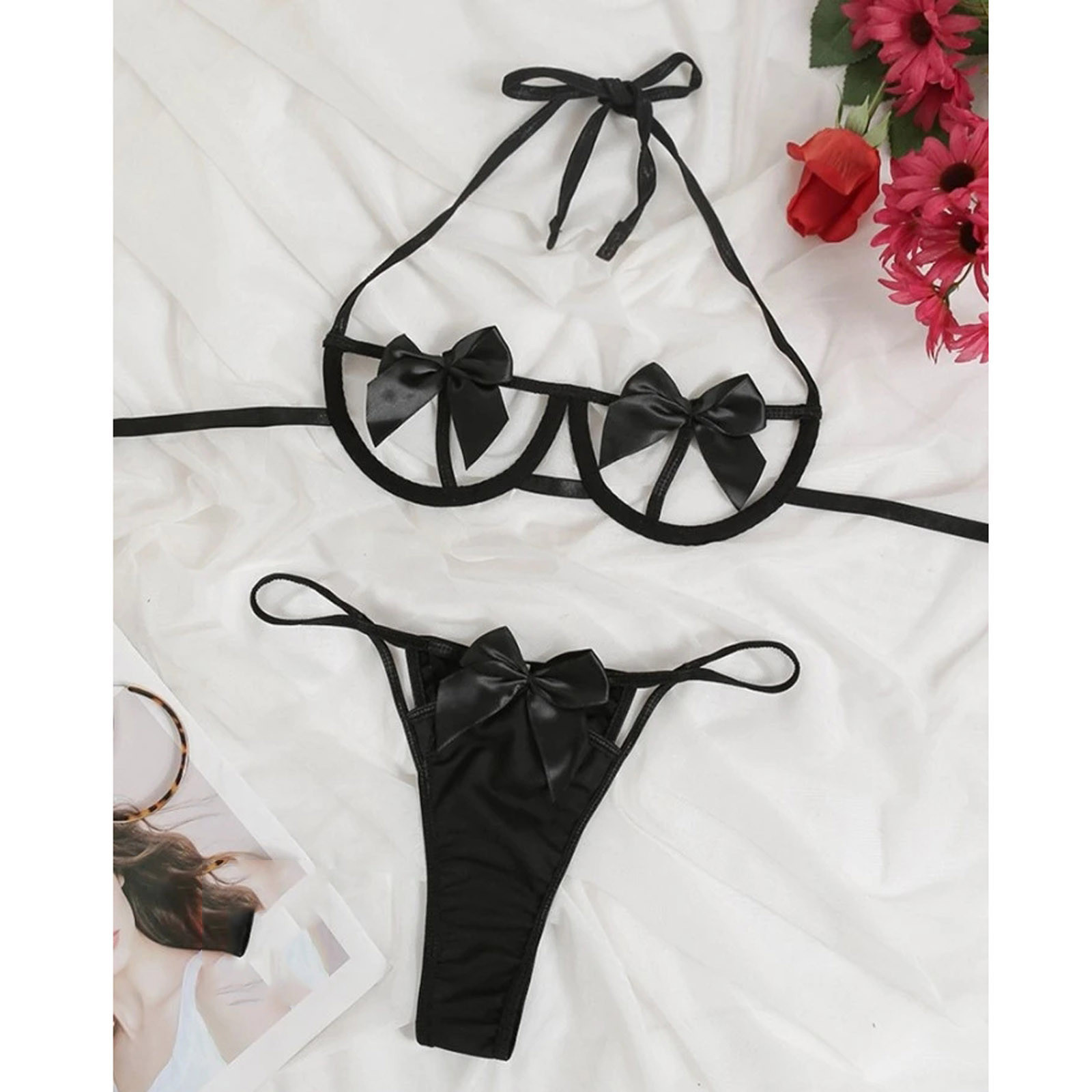 Satin Bow Affair Cupless Bra Lingerie Set