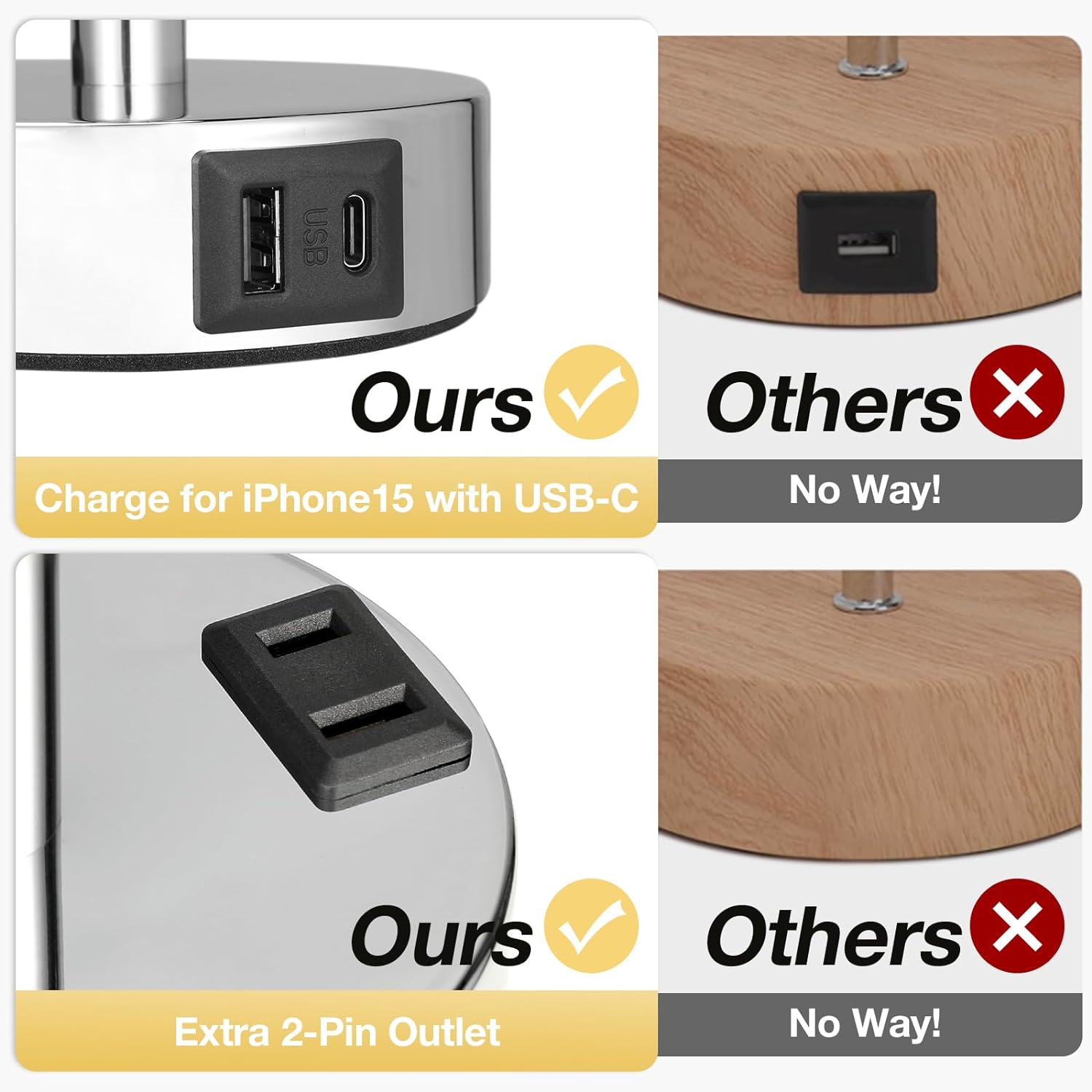 Bedside Table Lamp for Bedroom - 3 Way Dimmable Touch Lamp USB C Charging Ports and AC Outlet, Small Lamp Wood Base Round Flaxen Fabric Shade for Living Room, Desk, LED Bulb Included