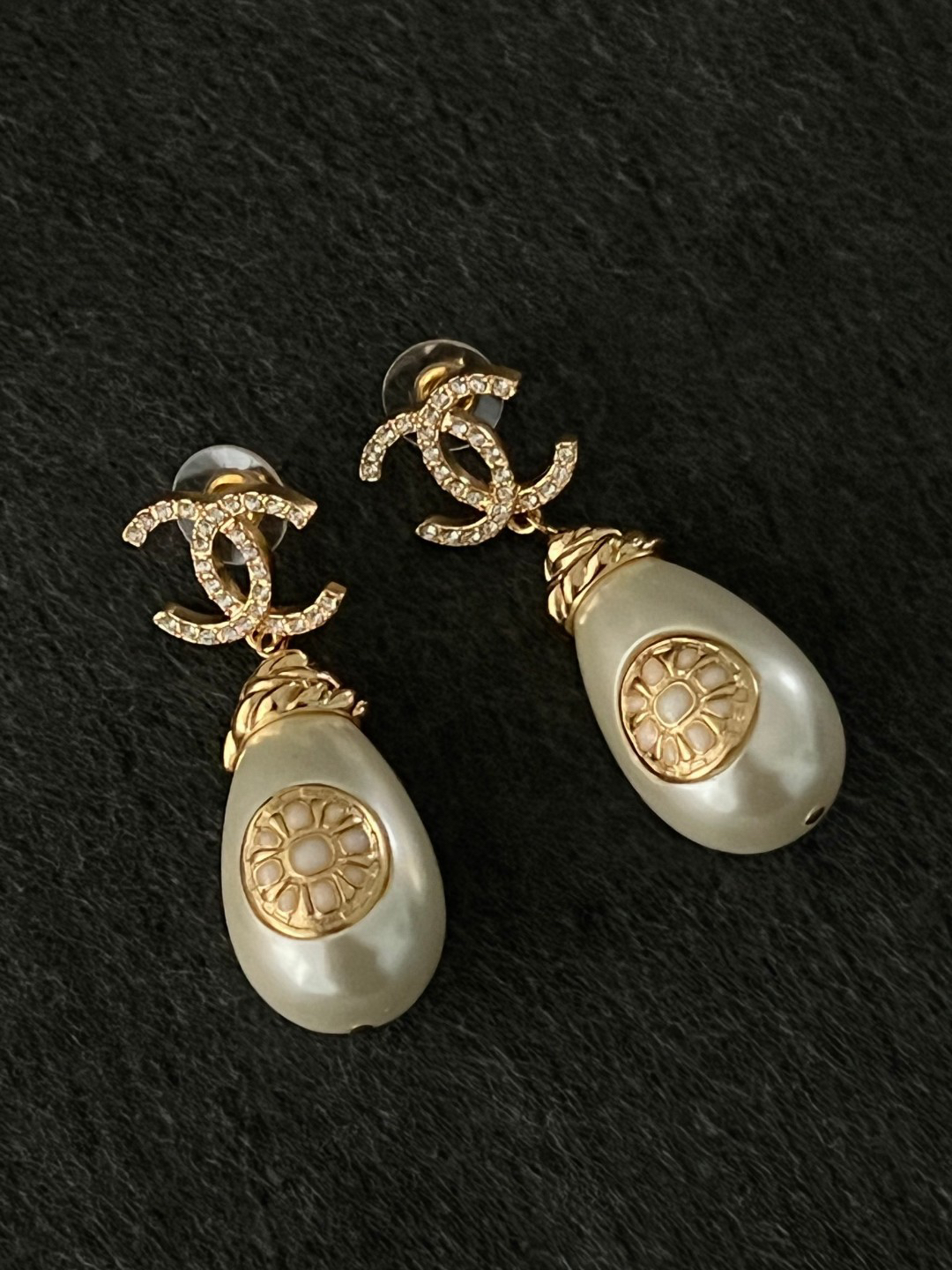 Chanel Double C Diamond Large Pearl Earrings