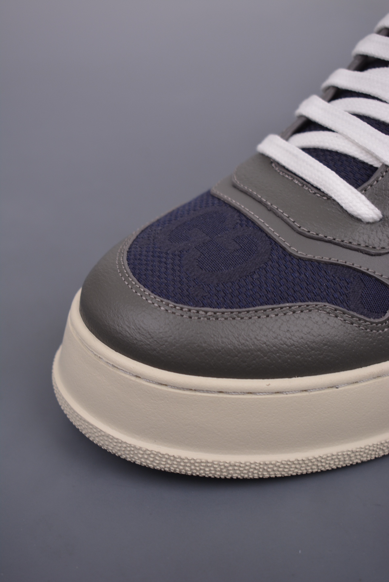 GUCCI Leather dark gray navy blue GG jacquard fabric