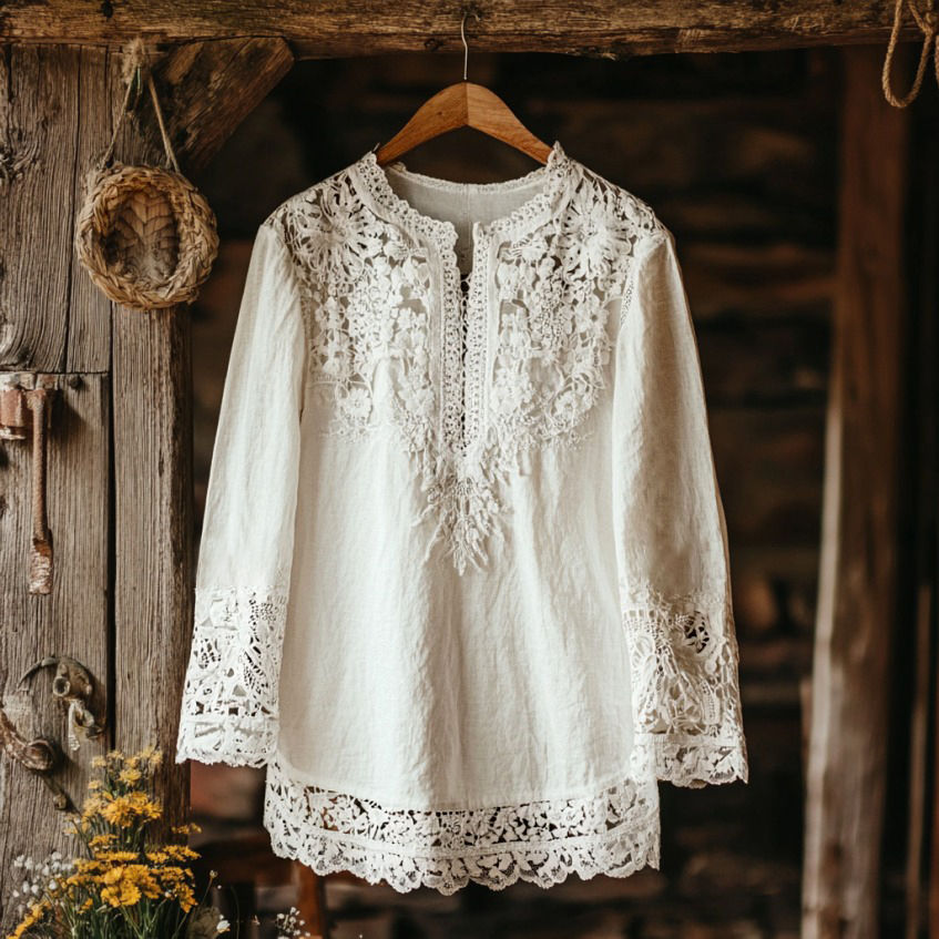 Elegant Lace Embroidery Tassel Art Long Sleeve V-neck Shirt