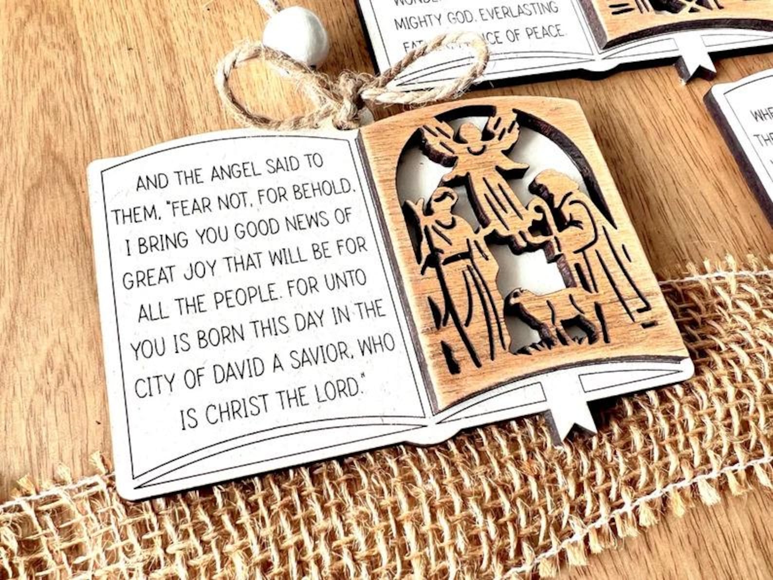 Handcrafted Wooden Nativity Scene Ornaments with Scripture