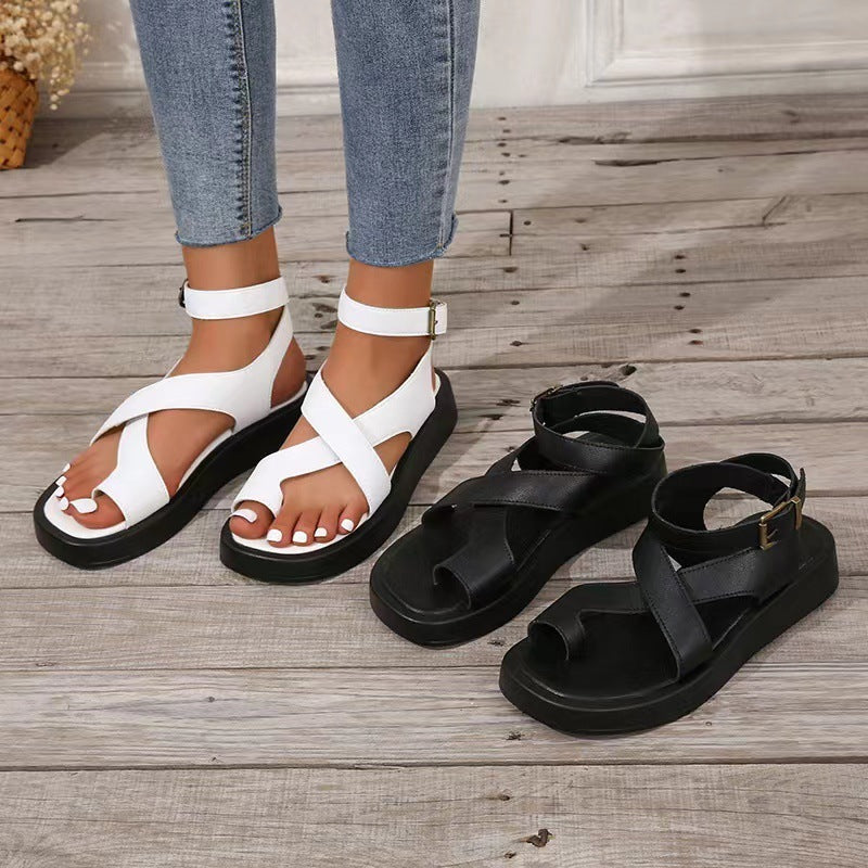 Women's Casual Thick-Soled Clip Toe Sandals Beach Shoes with Round Toe and Back Buckle Strap