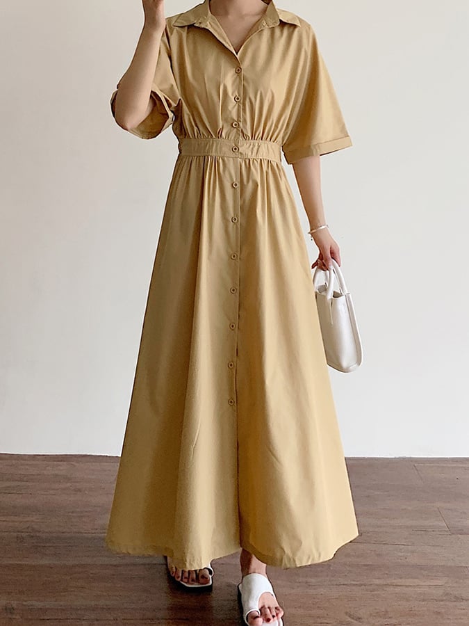 Women's Solid Color Single-Breasted Mid-Length Loose Cotton And Linen Casual Dress