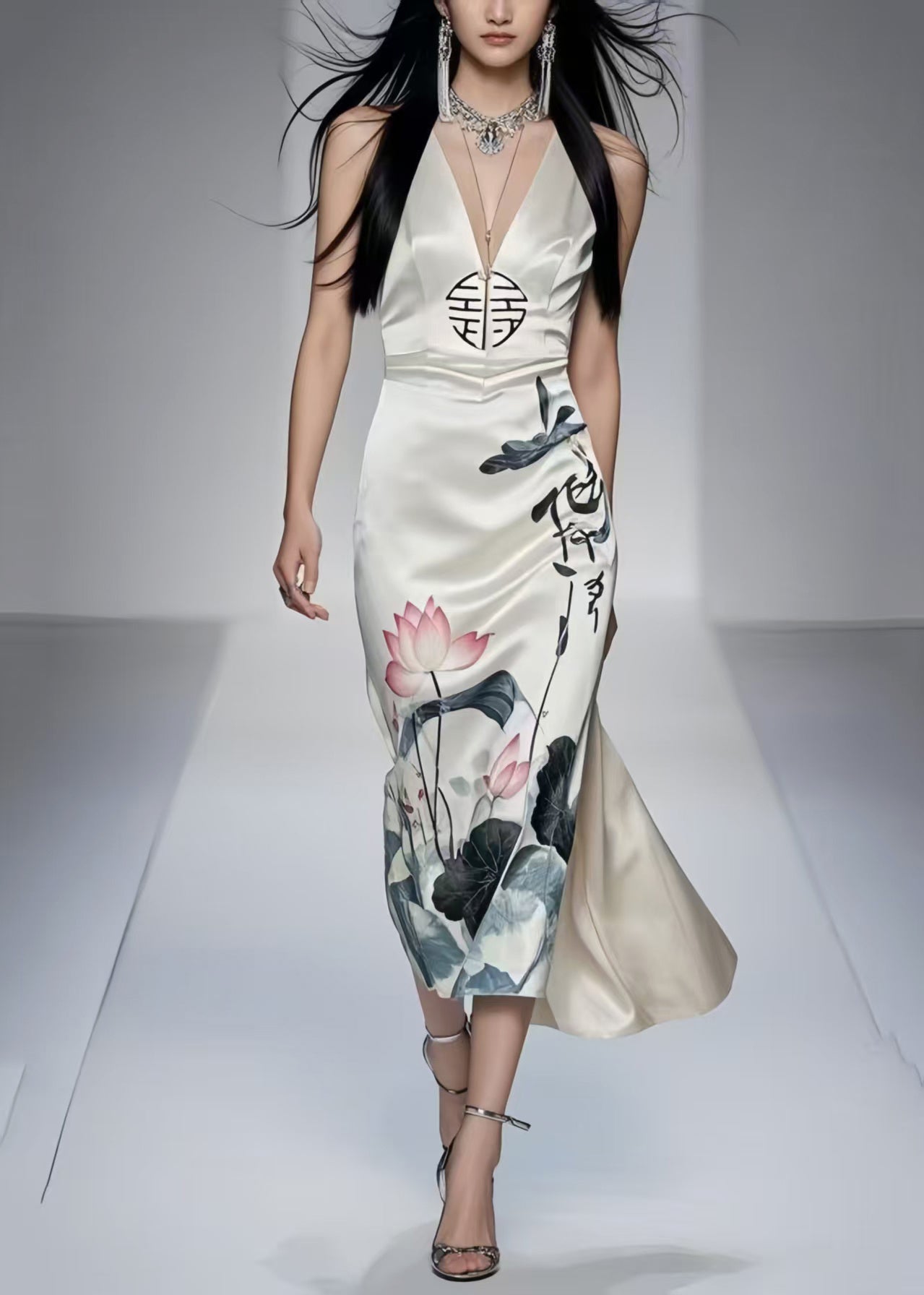 New Retro White Print Silm Fit Wraped Dress Sleeveless