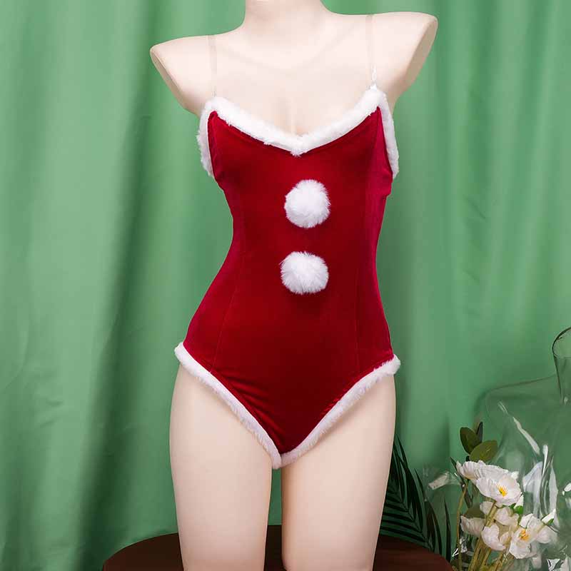 Christmas Fuzzy Ball Hooded Cloak Jumpsuit Lingerie Set