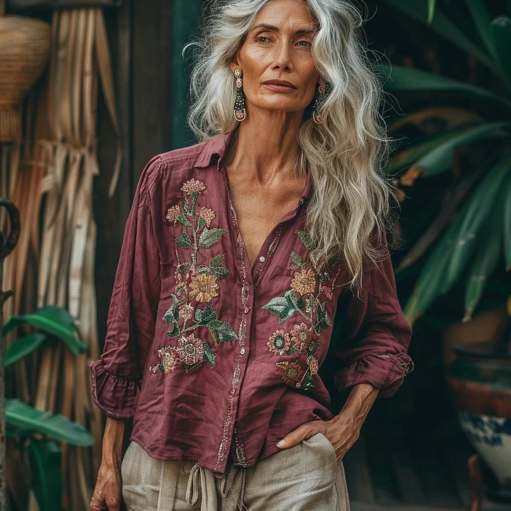 Bohemian Style Linen Floral Art Print  Long Sleeve Shirt