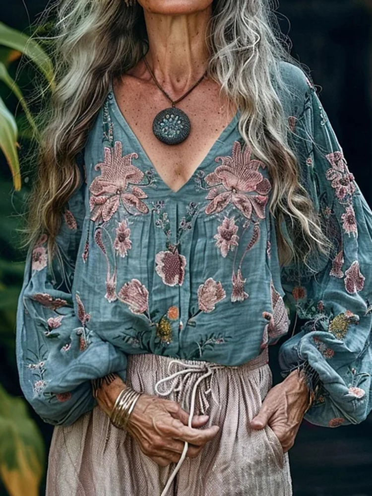 Vintage Bohemian Floral Linen Art Print Long Sleeve V-neck Shirt