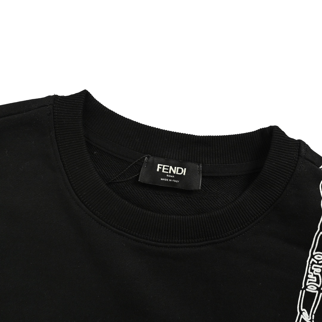 Fendi 24Fw crewneck sweatshirt with shoulder chain print and graffiti logo embroidery