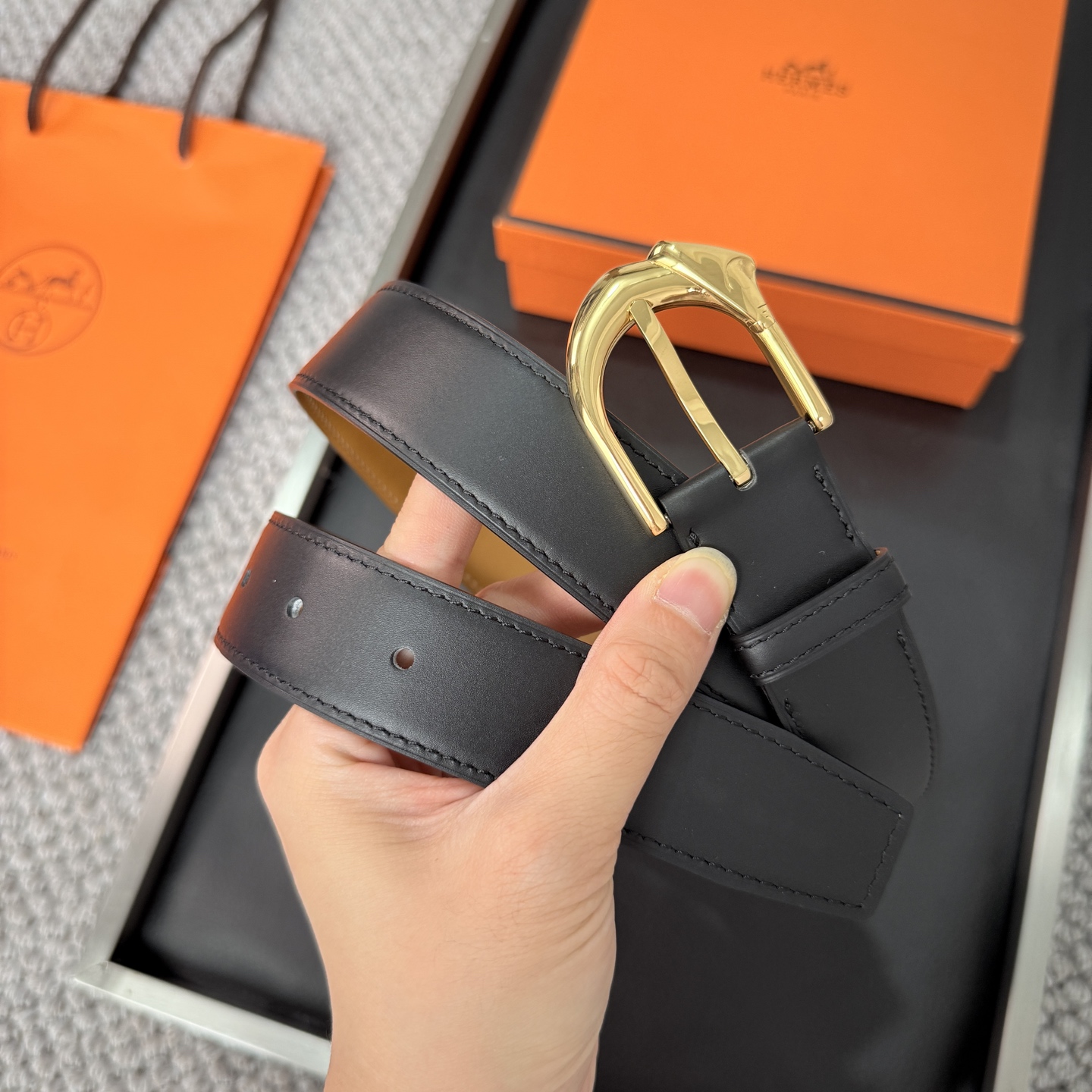 Hermès BoxTogo calfskin double-sided belt 3.2CM wide
