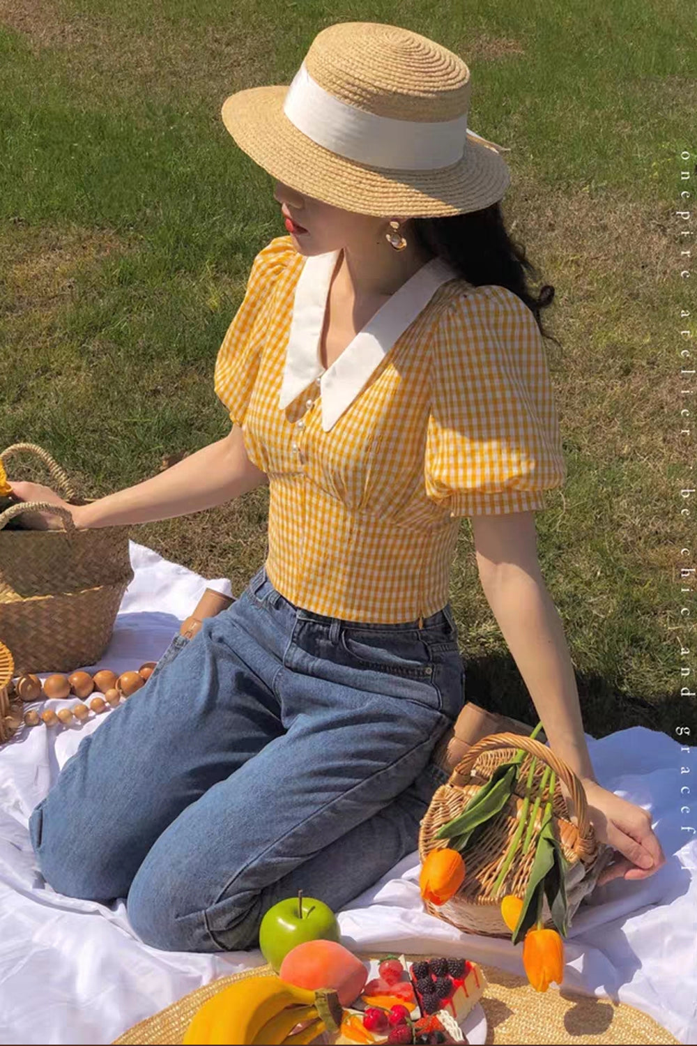 Yellow Plaid Puff Sleeve Retro Shirt