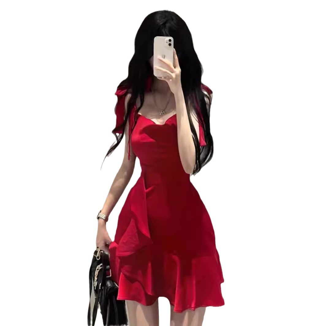 Pure wind spicy girl red dress with suspenders Temperament Slim waist