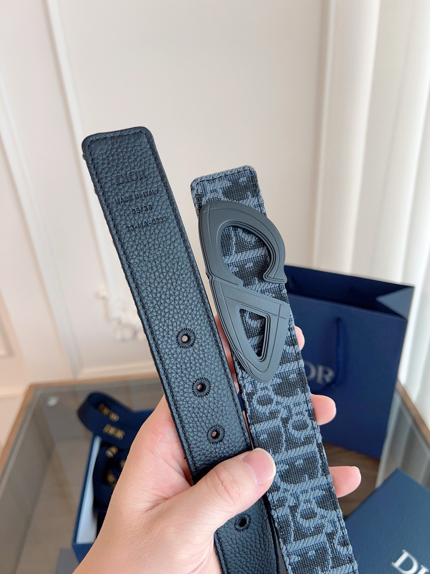 Dior Oblique light blue cloth and black cowhide leather belt width 3.5cm