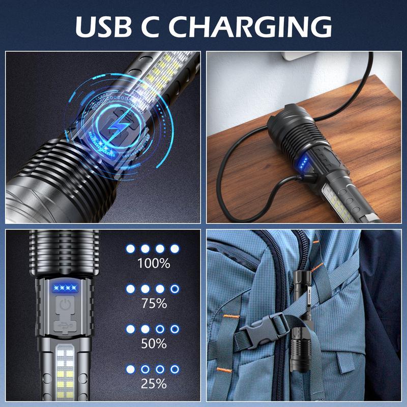 Strong Light Flashlight USB Rechargeable with Emergency White Light and Red & Blue Alarm Lights Waterproof Design