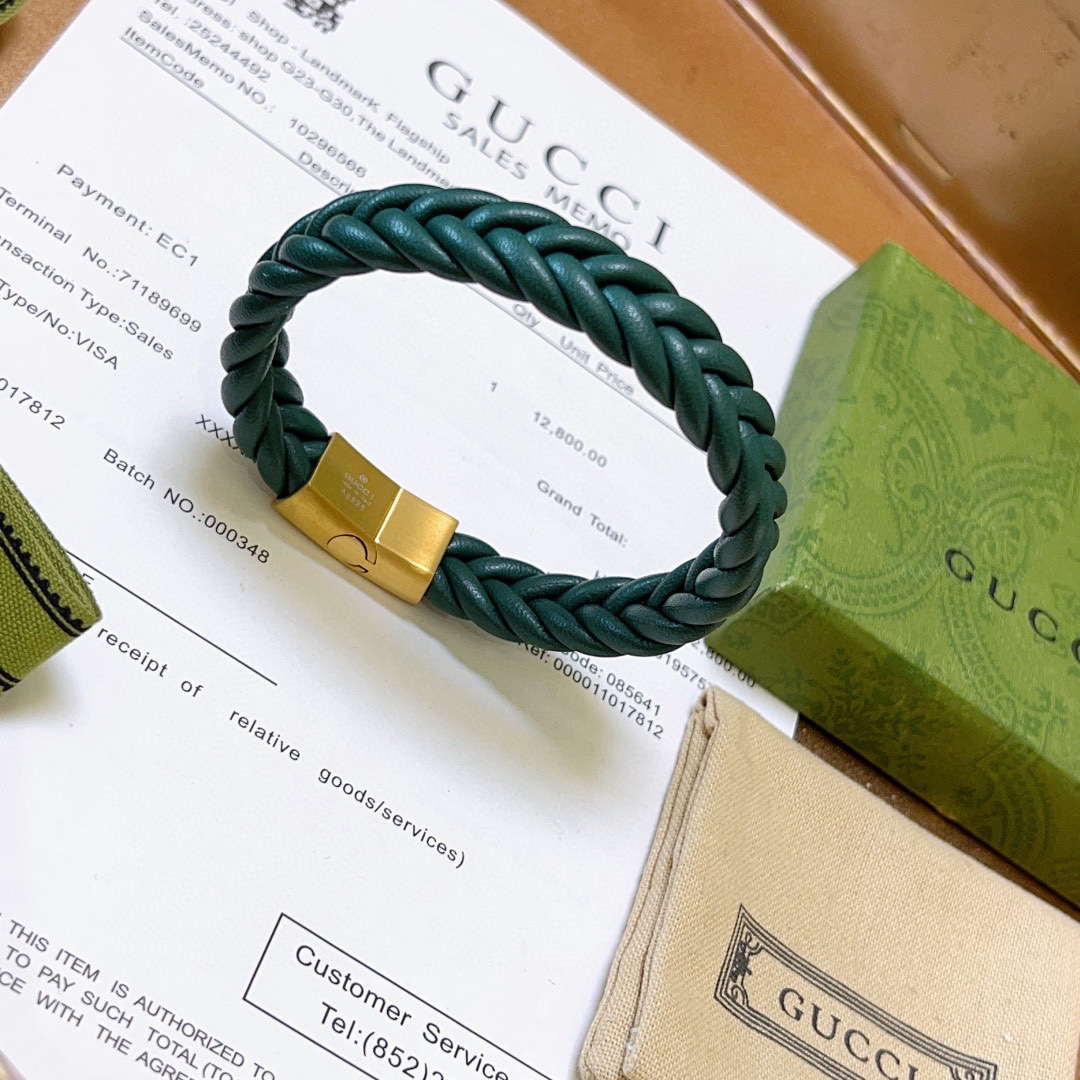 Gucci Green Leather Braided Bracelet