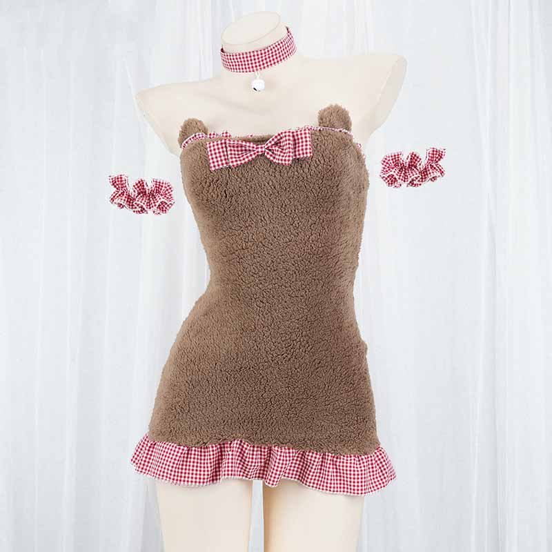 Cosplay Maid Plaid Bear Plush Lingerie Set