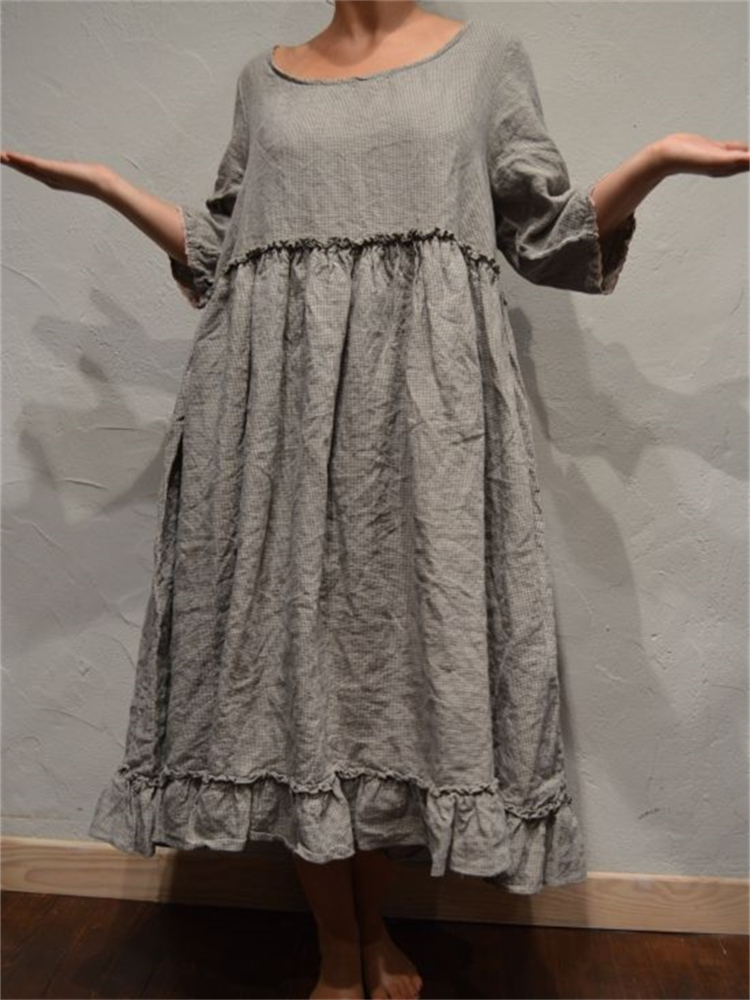 Vintage Pleated Ruffle Hem Loose Fit Maxi Dress