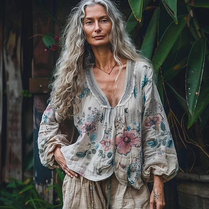 Vintage Bohemian Ethnic Floral Linen Art Print Long Sleeve V-neck Shirt