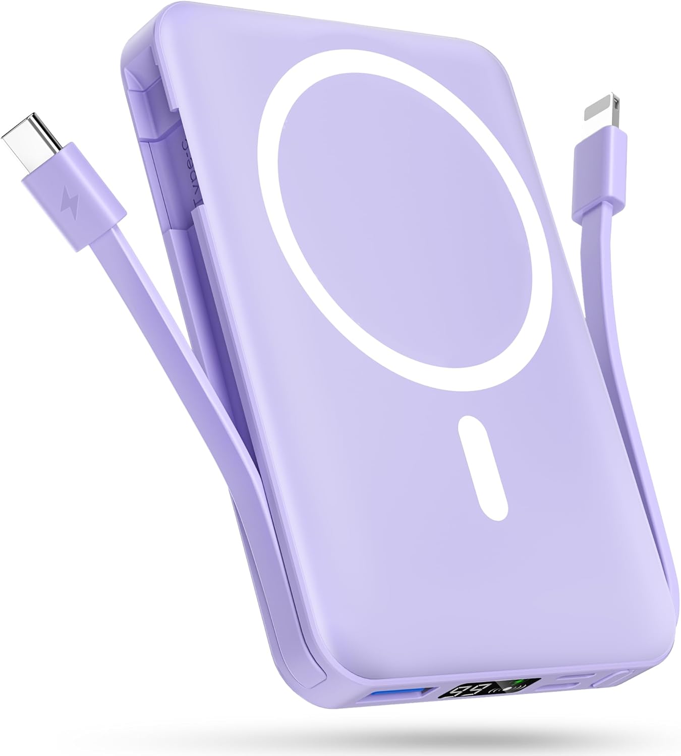 podoru Wireless Portable Charger, 10000mAh Magnetic Power Bank Built-in USB-C Lighting Cables 22.5W PD Fast Charging LED Display Mag-Safe Battery Pack for iPhone 15/14/13/12/Mini/Pro/Pro Max - White